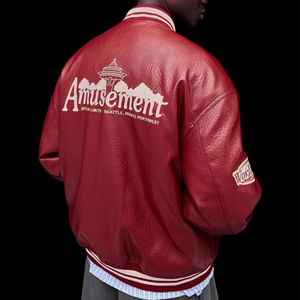 Men'<b>s</b> Red PU Varsity <b>Jacket</b> Preppy Style Embroidered Logo Turn-down Collar Regular Sleeve Autumn Wear leather cowhide chenille - Product Image 4