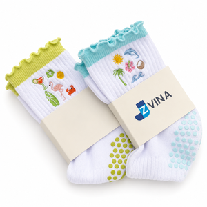Custom Cotton Pilates Grip <b>Socks</b> with Mini Embroidered Logo and Ruffle Cuff for Women Yoga Barre <b>Socks</b> Manufacturer <b>Hot</b> Supplier - Product Image 1