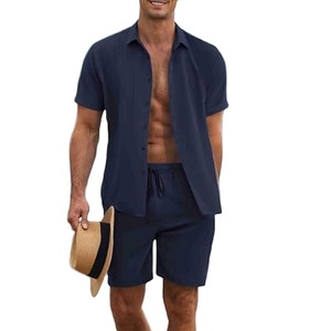 Men's Plus Size Navy Blue Short Sleeve Shirt Shorts <b>Set</b> Solid Color Casual Summer Wear <b>Knitted</b> Polyester Fabric - Product Image 3