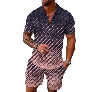 ชุดสเวตเตอร์ลำลองสำหรับผู้ชายฤดูร้อน2ชิ้นเสื้อโปโลมีซิปกางเกงขาสั้นสีพื้นพิมพ์ลายไล่ระดับสีทันสมัยเสื้อสวมหัวกันลม - Product Image 1