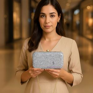 Pochette de soirée tendance à carreaux, design élégant, argentée scintillante, avec bandoulière amovible pour femmes, sacs à main - Product Image 2