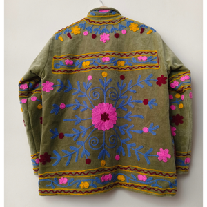 Veste florale brodée pour femme, vêtement d'extérieur en coton vert olive avec broderie folklorique colorée, style bohème ethnique - Product Image 5