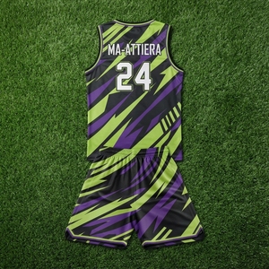 Ma-Attiera Ensemble de maillot et short de basketball pour hommes, personnalisé, motif éclair noir, violet et vert, taille 24 - Product Image 6