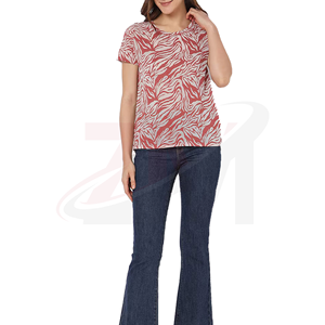 เสื้อยืดแขนสั้นคอกลมลายใบไม้สีแดงขาวสำหรับผู้หญิง สไตล์ลำลอง ผ้าถักระบายอากาศ ใส่ได้ทั้งฤดูใบไม้ผลิและฤดูร้อน - Product Image 5