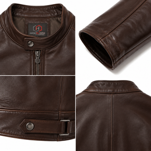 Premium <b>Men's</b> Slim Minimalist Dark Brown Moto <b>Jacket</b> 0.8mm Goatskin <b>Leather</b> Stand Collar Breathable Windproof Sustainable - Product Image 4