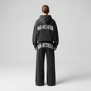 Conjunto de Sudadera con Capucha Oversize Negra Lavada y Pantalones Anchos de Felpa para Mujer, Chándal de Algodón, Venta al por Mayor OEM ODM - Product Image 2