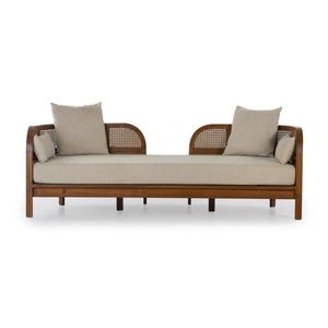 Scandinavian Style Wooden Daybed with Cane Panels and Soft <b>Beige</b> <b>Cushions</b> for Home Interior - Product Image 1