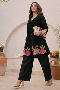 Conjunto de Pantalón y Top de Algodón Negro Bordado para Mujer, Corte Regular, Largo Midi, Estilo Étnico para Fiestas, Estilo India Pakistán - Product Image 3