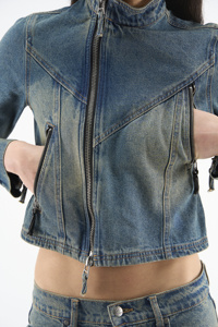 Women's <b>Cropped</b> <b>Denim</b> <b>Jacket</b> Moto Style High Neck Front Back Zipper Style Light Stonewashed Blue Skinny Fit Autumn Outerwear - Product Image 3