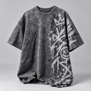 T-shirt noir surdimensionné pour homme, style streetwear, délavé à l'acide, col rond, manches courtes, couleur personnalisable, 220g polyester/coton, séchage rapide - Product Image 1
