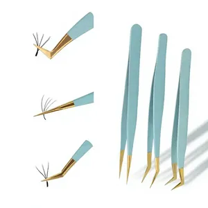DANTRIC IMPLANTS ชุดแหนบต่อขนตาสแตนเลสสตีลความแม่นยำสูง จับถนัดมือ ด้ามสีฟ้าอ่อน ปลายเคลือบทอง 6 ชิ้น สำหรับมืออาชีพ - Product Image 4
