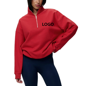 <b>Women's</b> Oversized <b>Quarter</b> <b>Zip</b> Sweatshirt Solid Color Drop-Shoulder Stand Collar Cotton Knitted Breathable Front Logo Autumn Wear - Product Image 5