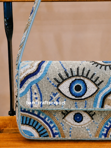Bolso de Hombro con Solapa y Cuentas, Hecho a Mano, Duradero, Ligero, Ecológico, para Mujer, Diseño Bohemio con Patrón Geométrico y Ojo Azul, Correa Única - Product Image 3