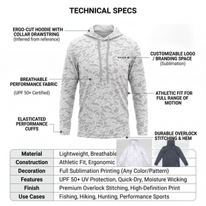 Sudadera con Capucha de Pesca para Hombre, Personalizada, Ligera, de Poliéster, Manga Larga, Camuflaje, Protección Solar UPF 50+, Transpirable, Absorbe la Humedad - Product Image 5