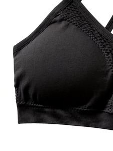 Mesh Panel Sports Bra Women Criss <b>Cross</b> Strappy Back Yoga Crop <b>Top</b> Seamless Padded Gym Workout Fitness Activewear Bralette - Product Image 3
