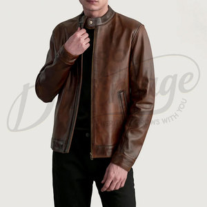 เสื้อแจ็คเก็ตหนังแท้สีน้ำตาลแทนสำหรับผู้ชาย รุ่นพรีเมียม สไตล์คลาสสิคคาเฟ่เรเซอร์ คอตั้ง ทรงเข้ารูป แฟชั่นลำลอง - Product Image 1
