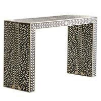 Table console de salon exclusive en os incrusté, écologique, mobilier décoratif moderne avec motif incrusté fait main et détaillé