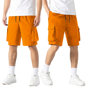 Shorts noirs pour hommes, couleur unie, taille mi-haute, cordon de serrage, shorts décontractés de style bermuda avec plusieurs poches, tissu Oxford respirant - Product Image 4