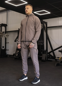 Ensemble de survêtement à capuche pour homme, gris uni, en polyester tricoté, vêtements décontractés d'extérieur, veste et pantalon respirants et coupe-vent pour l'automne - Product Image 2