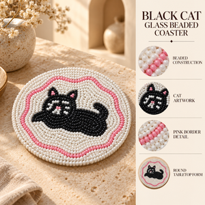 Stylish Glass <b>Beaded</b> Black Cat <b>Coaster</b> for Dining Table | Decorative Round Drink Mat for Kitchen Home Decor Tabletop Accessories - Product Image 5