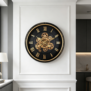 Moving gear wall <b>clock</b> 18 inch black metal finish plastic frame with silent big <b>Roman</b> numerals for home décor - Product Image 4