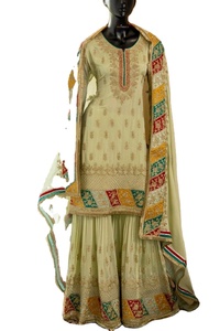 Traje indio Bollywood étnico cosido a mano, kameez de seda chinon con bordado elaborado, traje sharara salwar/traje palazzo para mujer, para invierno y verano. - Product Image 3