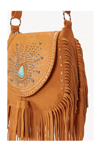 Hand-tooled and Hand-painted <b>Peacock</b> Design on Flap with Two Front Tassels and an Invisible Magnet to Secure Closed - Product Image 3