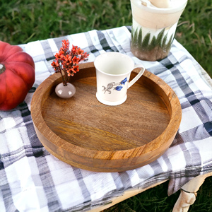 12 Inch Acacia Wooden Round Serving <b>Tray</b> <b>Table</b> Decorative Food Storage Platters With Handles for Kitchen Bathroom Living Room - Product Image 3