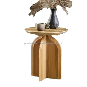 Mesa Auxiliar de Madera Estilo Nórdico, Base Arqueada, Mesa de Diseño Contemporánea, Mesa Decorativa de Madera Sólida, Mesa Auxiliar Redonda Estilo Japandi - Product Image 1