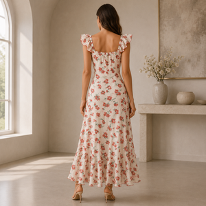 Vestido Largo de Sirena con Estampado Floral de Lujo para Mujer |   Elegante Vestido de Fiesta con Cuello Cuadrado y Mangas con Volantes |   Vestido Largo de Verano Estilo Vintage para Cóctel - Product Image 4