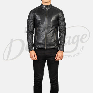 Veste en cuir véritable noire pour homme de qualité supérieure, veste de motard cintrée avec épaulettes matelassées, col montant élégant, manteau d'hiver décontracté - Product Image 4