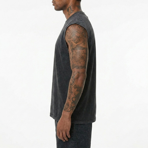 Premium Breathable Knitted Acid Wash Oversized Tank <b>Top</b> with Embroidery | Vintage Charcoal Black Casual Streetwear Gym Tee - Product Image 3