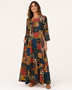 Robe maxi en coton tissé naturel style bohème patchwork pour femme, coupe ajustée, ourlet plissé, tenue décontractée d'été - Product Image 3