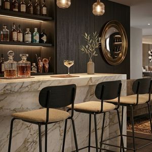 Modern Counter Height Bar <b>Stool</b> with Fabric Upholstery, Wooden Veneer Backrest and Metal Frame for Bar, Restaurant and Lounge - Product Image 3