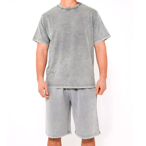 Ensemble 2 pièces homme en coton délavé à l'acide, t-shirt et short décontractés, effet usé et délavé au soleil, idéal pour l'extérieur, prix abordable - Product Image 1