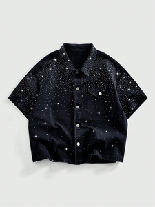 Chemise en jean à strass étoiles pour homme, motif galaxie céleste scintillante, noir délavé, manches courtes, coupe ample oversize, style streetwear, personnalisable OEM - Product Image 1