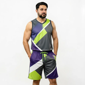 Conjunto de camiseta sin mangas y pantalones cortos con estampado geométrico para hombre, cuello en V, de secado rápido, tejido de poliéster, estilo deportivo, para verano. - Product Image 1