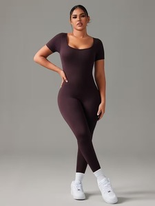 Women's Ribbed Scoop Neck Short Sleeve Jumpsuit | Full-Body Slim-Fit Activewear <b>Unitard</b> | Lightweight Yoga Fitness <b>Romper</b> - Product Image 2