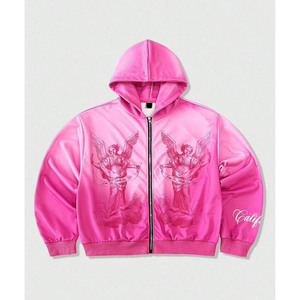 Sweat-shirts à capuche zippés personnalisés roses avec motif graphique pour hommes, style Y2K, motif ange, coupe oversize, haute qualité, épais, streetwear, vente en gros - Product Image 1