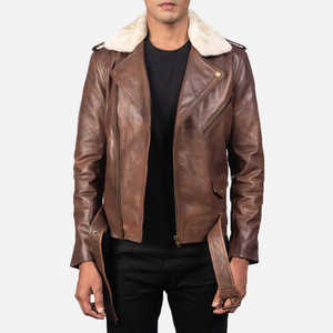 URBANGAZER Men's Brown Wool/Viscose Stand Collar <b>Covered</b> <b>Button</b> Closure Breathable Windproof Winter Slim Fit Moto Jacket - Product Image 5