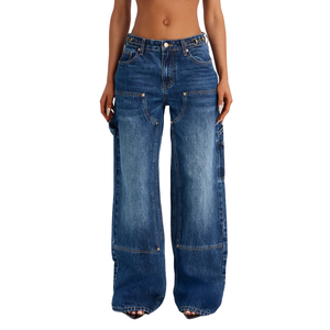 Vaqueros Cargo de Mujer de Talle Medio, Pierna Ancha, Transpirables, Azul Lavado, con Bolsillos Utilitarios, Estilo Casual Urbano, Ajuste Holgado, Moda Otoño - Product Image 1
