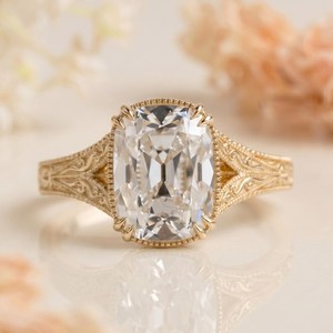 แหวนเพชรทรงยาว 3.0 กะรัต ทรงคุชชั่น แบบดั้งเดิมจากเหมือง แหวนทอง 14K ลายฉลุโบราณสำหรับหมั้น สไตล์อาร์ตเดโค แหวนเพชรเม็ดเดี่ยว - Product Image 1