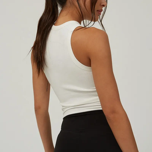 Women's <b>White</b> Ribbed Knit <b>Tank</b> <b>Top</b> Crew Neck Sleeveless Casual Style Breathable Cotton Bamboo Fiber Eco-Friendly Quick Dry Woven - Product Image 2