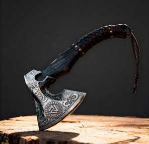 Handcrafted Viking Hatchet with Carbon Steel Blade and Wood <b>Handle</b> for Outdoor Survival Use - Product Image 1