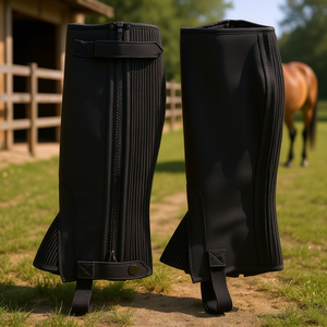 Custom Logo Design Synthetic Leather Men's Half <b>Chaps</b> with Zipper Closure Durable Equestrian Horse <b>Riding</b> Leg Protection - Product Image 3