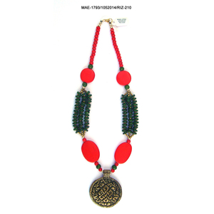 Women's Bohemian <b>Statement</b> <b>Necklace</b> Red Green Bone Beaded Geometric Design Party Jewelry Antique Bronze Plated at Wholesale Rate - Product Image 2
