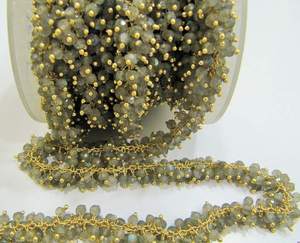 Brass Labradorite Rondelle Micro Faceted 3mm Beaded Dangling Cluster <b>Wire</b>-Wrapped Rosary Chain - Product Image 6