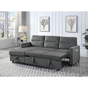 Ivy 81.5\" Dark Gray Velvet Reversible <b>Sleeper</b> Sectional <b>Sofa</b> Features Storage Chaise and Side Pocket - Product Image 3