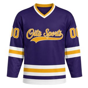 Men Purple Sublimated Ice Hockey Jersey Shorts Set V Neck Striped Polyester Sports Uniform Training Wear <b>Athletic</b> Team Apparel - Product Image 3