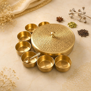 Hand Engraved Brass Masala <b>Box</b> with Seven Compartments Traditional Spice Storage Dabba Kitchen Seasoning Organizer Handcrafted - Product Image 2